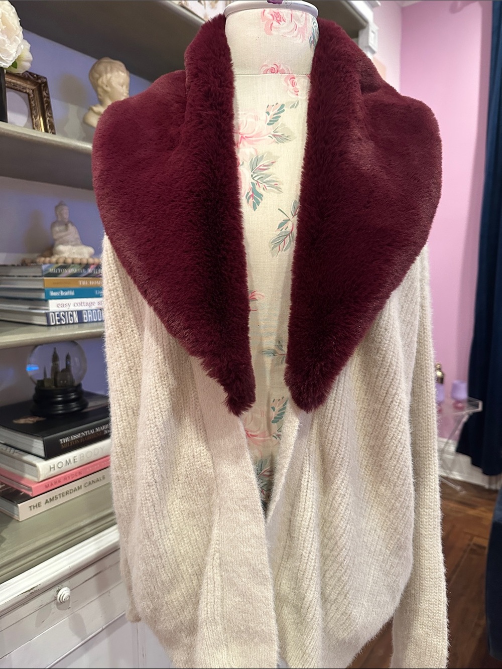 Kut from the Kloth Cream Open-Front Sweater with Burgundy Faux-Fur Collar